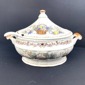 Vtg Japan Porcelain Tureen with Lid & Ladle - Fruit Basket Pattern - 13.5”x10”